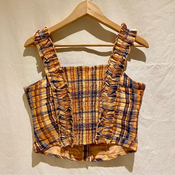 Verb by Pallavi Singhee x Anthropologie Ruffled & Smocked Plaid Top, size Medium - Picture 5 of 8